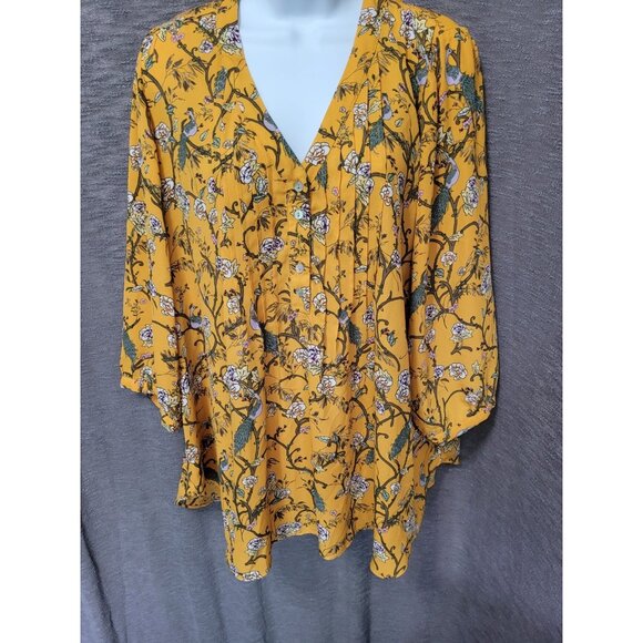 Rose Olive Peasant Top 1X Yellow Peacock Artsy Whimsical 3/4 Sleeve Flowy - Picture 14 of 16